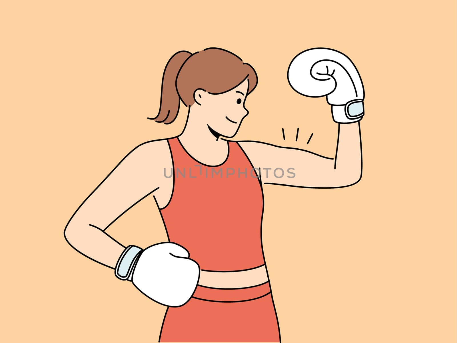Woman boxer shows biceps and smiles demonstrating strength and determination to defeat opponent. Girl boxer in boxing gloves and sportswear poses at weigh-in ceremony before important tournament