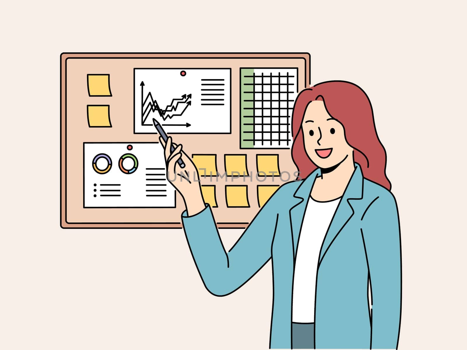 Businesswoman demonstrates financial graphs and charts pinned on cork board in office. Businesswoman boasts about growth of company income and number of clients that bring income to business.