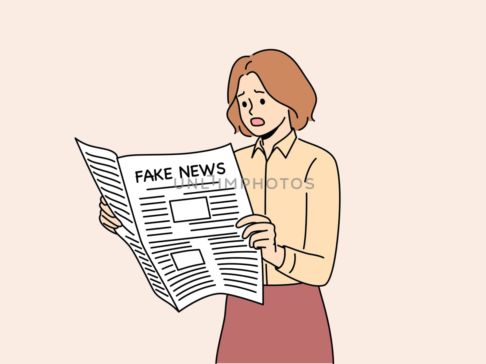 Newspaper with fake news in hands of woman reading false information from reporters using propaganda techniques to intimidate readers. Girl with newspaper with fake news frightened opens mouth