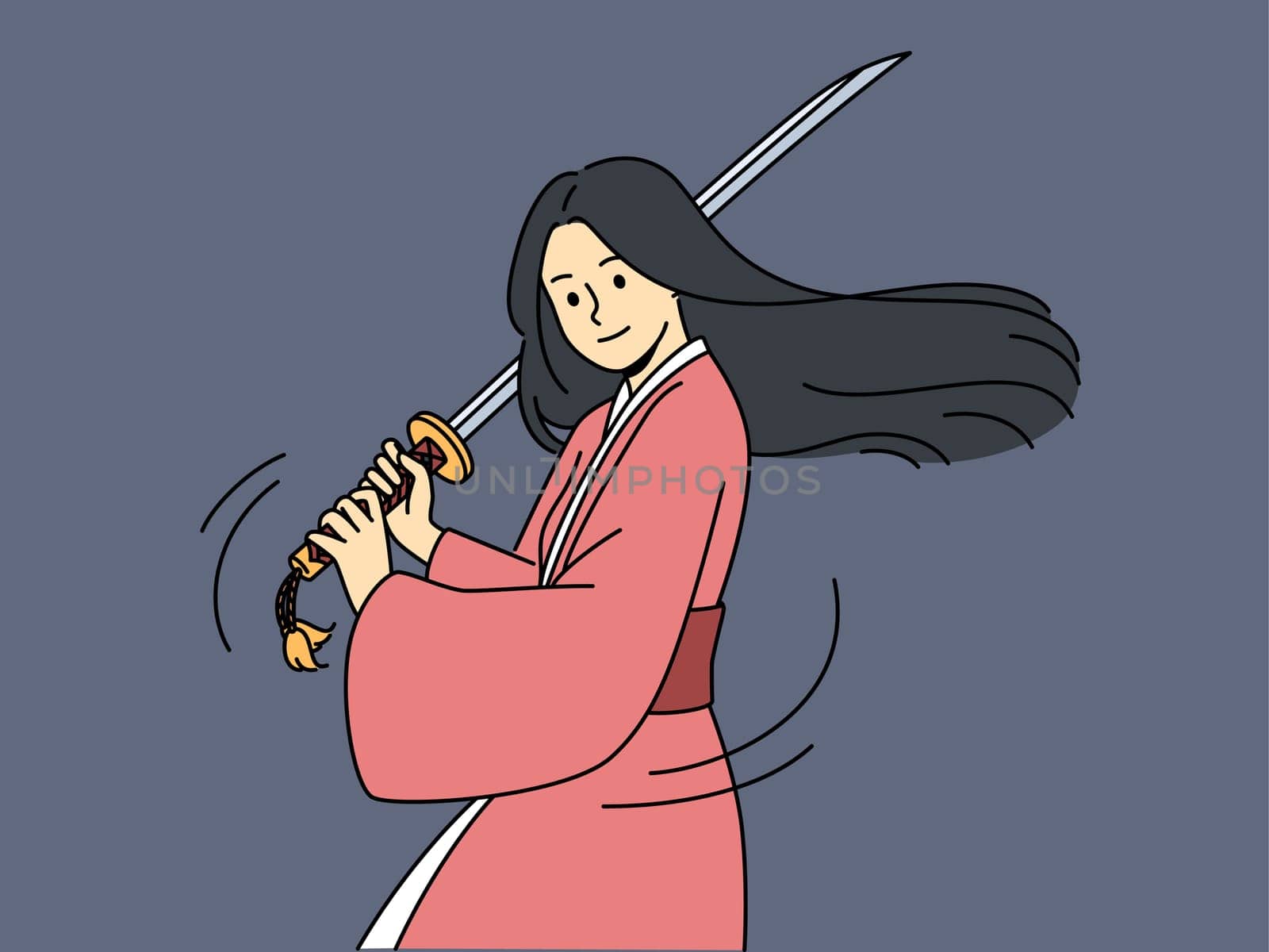 Woman samurai with katana knows asian martial arts and trains willing to compete. Long-haired samurai girl holding long sword is dressed in kimono for battles between japanese ninjas.