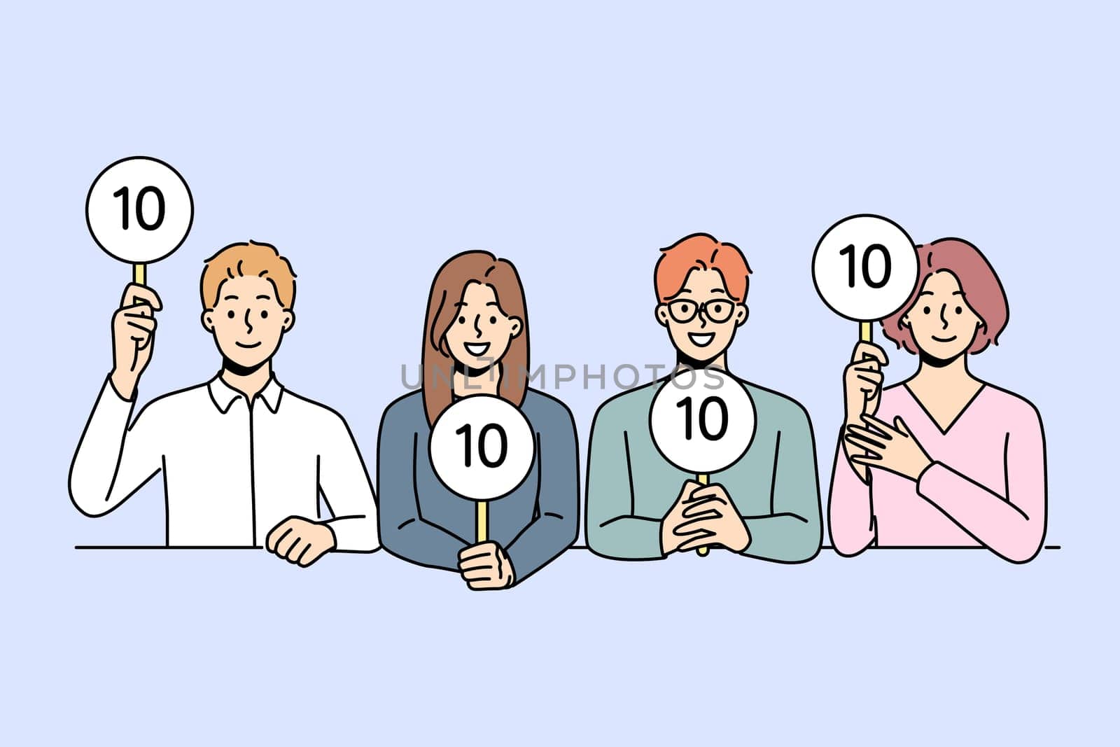 Diverse people sit at desk giving points to contestants. Smiling judges evaluate performance or competition. Vector illustration.