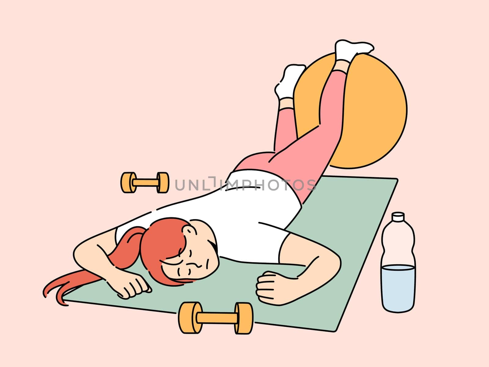 Exhausted woman in fitness room fell asleep on sports yoga mat and needs to rest after workout. Lazy girl sleeps in fitness club, not wanting to do athletics and listen to advice of personal trainer