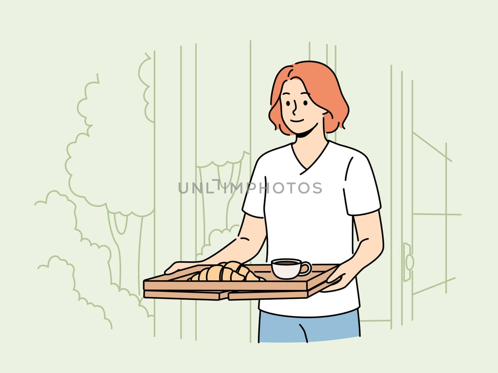 Woman wants to have breakfast in garden or in backyard of own house carries tray of hot tea and croissants. Happy girl carries delicious breakfast on tray to satisfy hunger before hard day at work.
