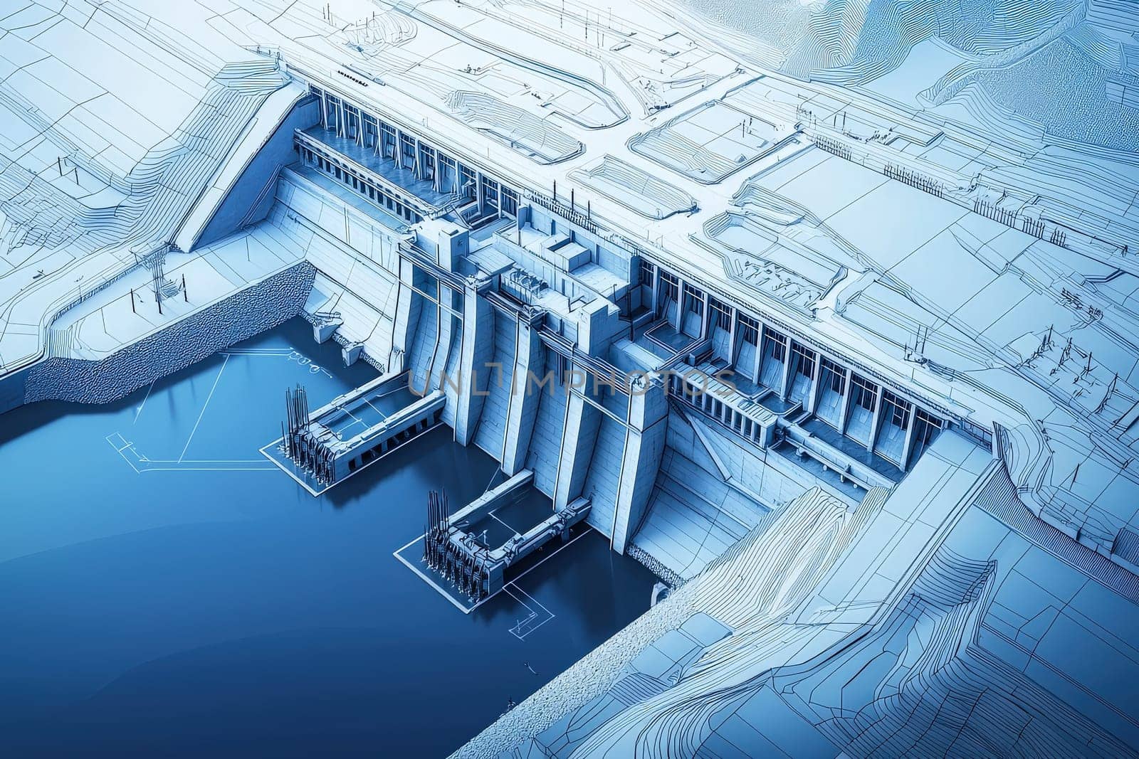 The structure displays a modern hydroelectric dam nestled between mountains.