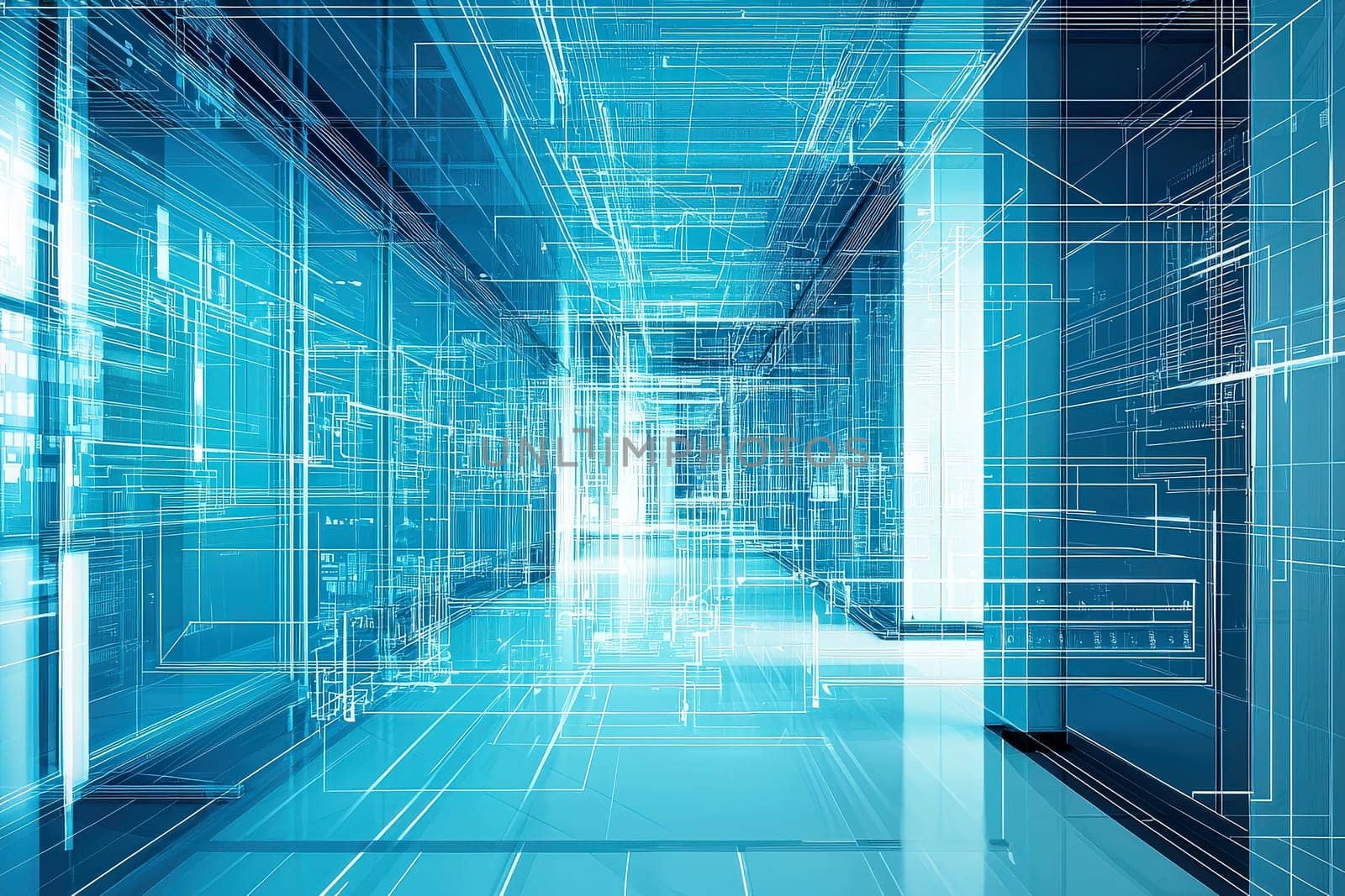 A modern corridor features glowing surfaces and intricate digital lines giving a futuristic feel.