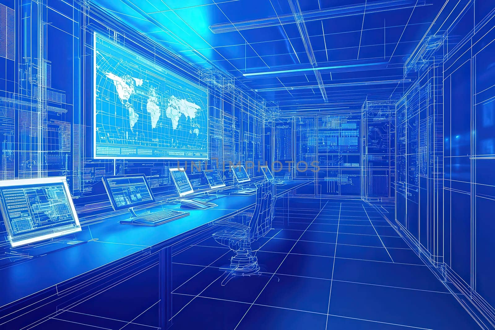 A modern workspace features multiple computer monitors displaying data. The environment is illuminated with blue light and has a futuristic, high-tech ambiance, perfect for tech professionals.