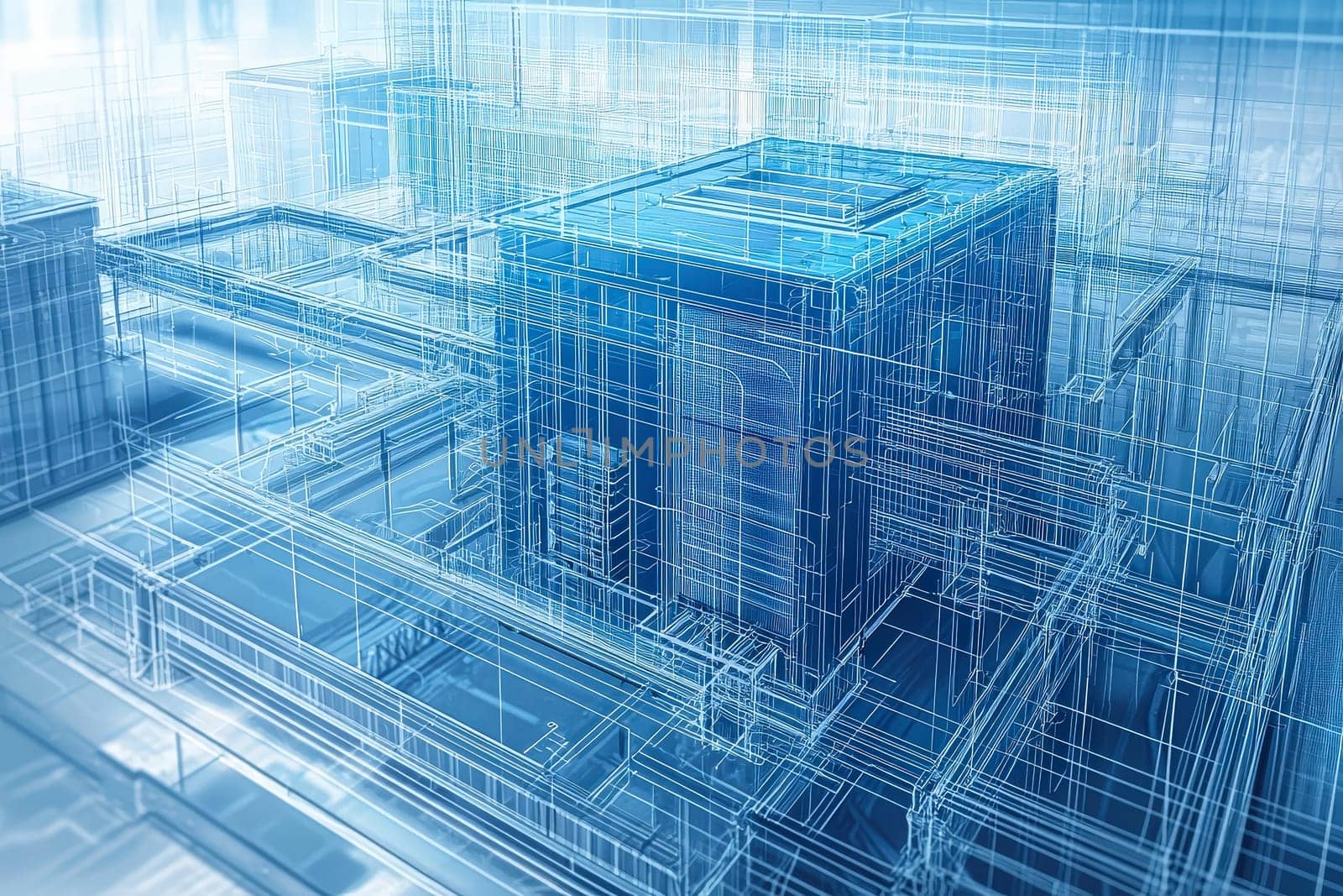 A detailed wireframe representation of a modern building design illustrates complex architectural elements. The layout displays interconnecting structures and a futuristic aesthetic.