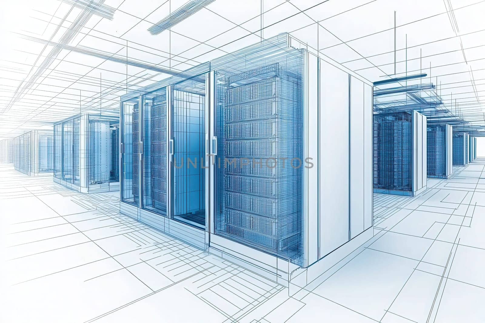 The illustration showcases a detailed layout of a data center featuring several server racks arranged in a spacious environment.