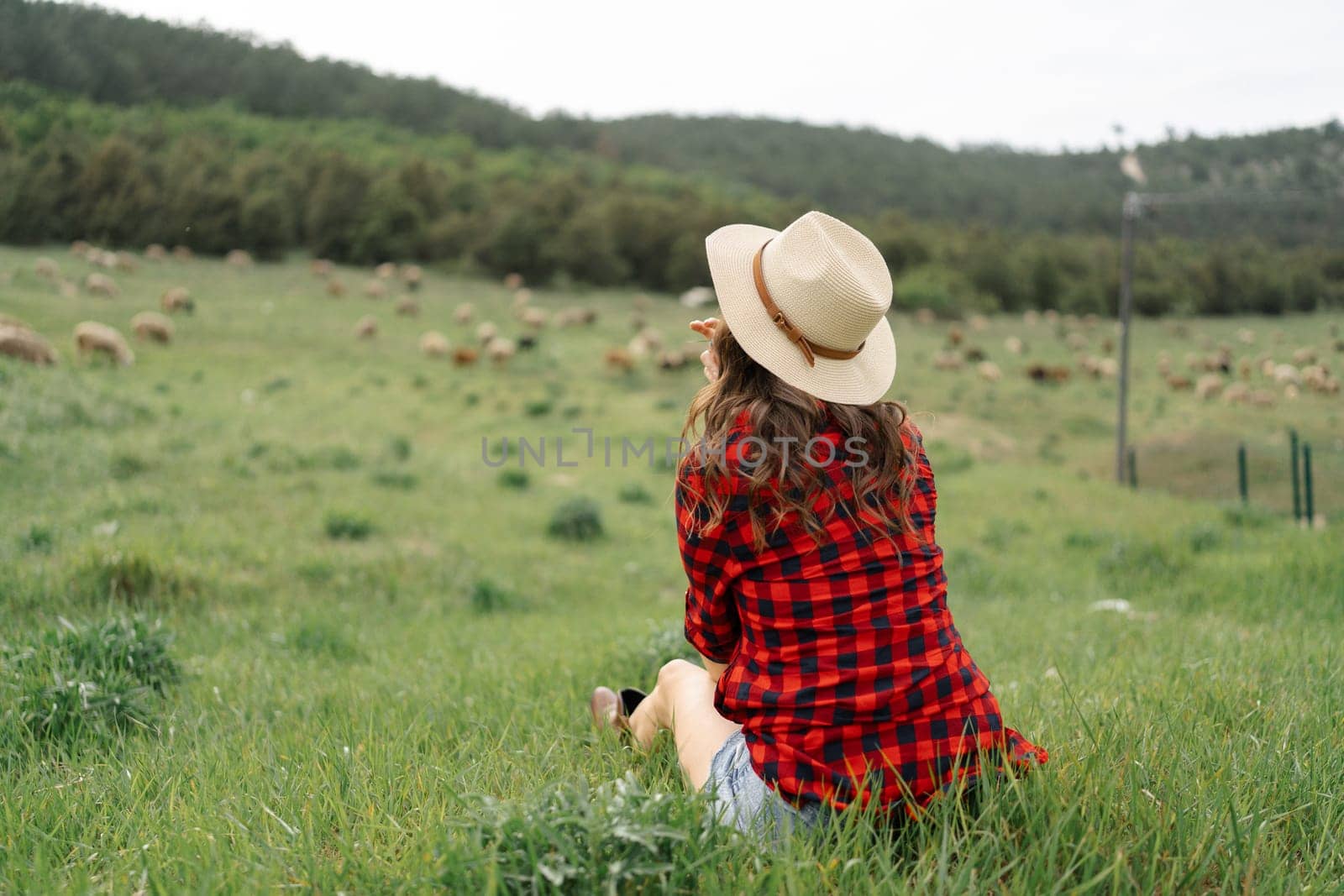 A woman wearing a straw hat sits in a field of grass. She is looking at a herd of sheep