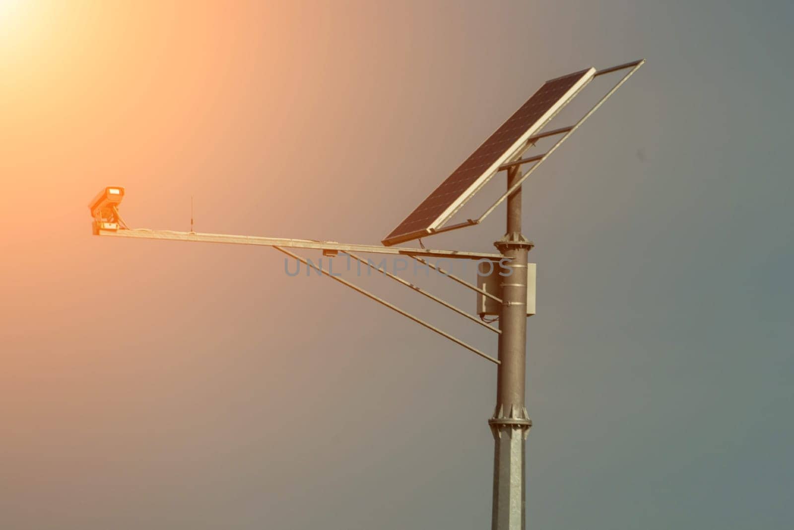 Solar-powered streetlight with a small bird perched on the arm, angled towards a setting sun. The light is attached to a tall pole against a muted sky.