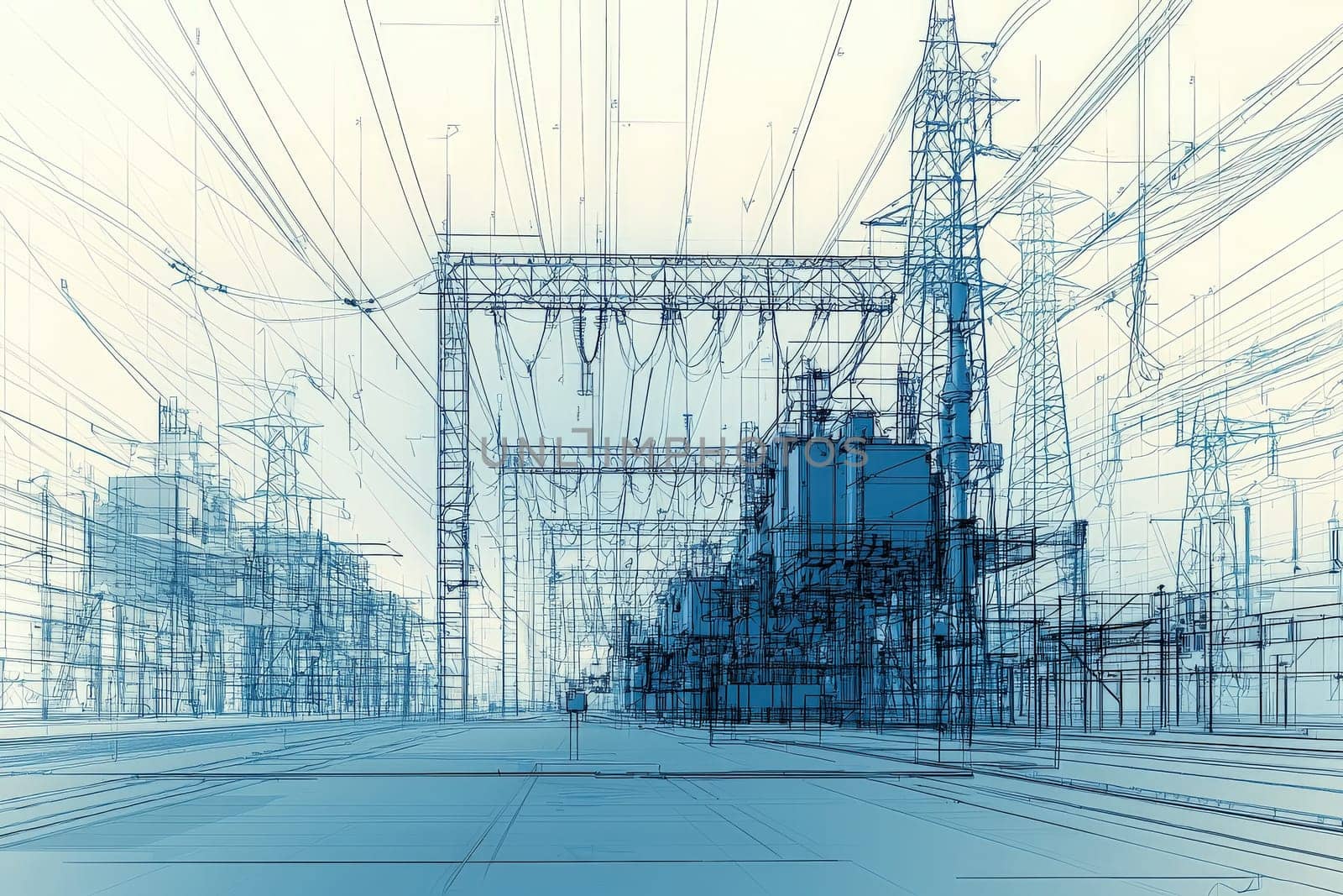 An intricate blueprint of an urban electricity substation shows detailed structures and towering power lines. The layout illustrates the complexity of electrical infrastructure in a city setting.