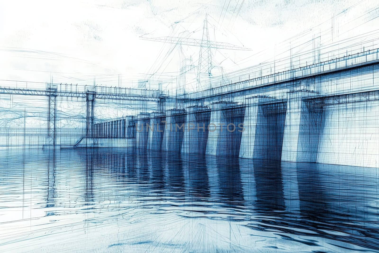 A dam structure featuring concrete walls and water flowing underneath, captured in an artistic blue tone.