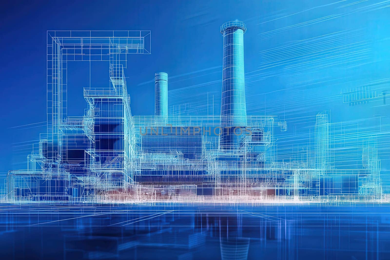 A complex industrial facility features tall smokestacks and intricate structures rendered in a blue digital design. The futuristic layout highlights the integration of technology and industry.