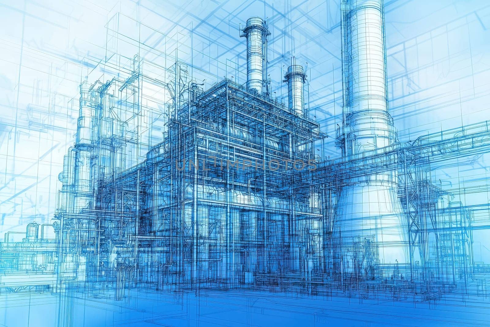 Blueprints showcase a detailed industrial facility with towering smokestacks and extensive piping. The design emphasizes advanced technology in a factory setting.