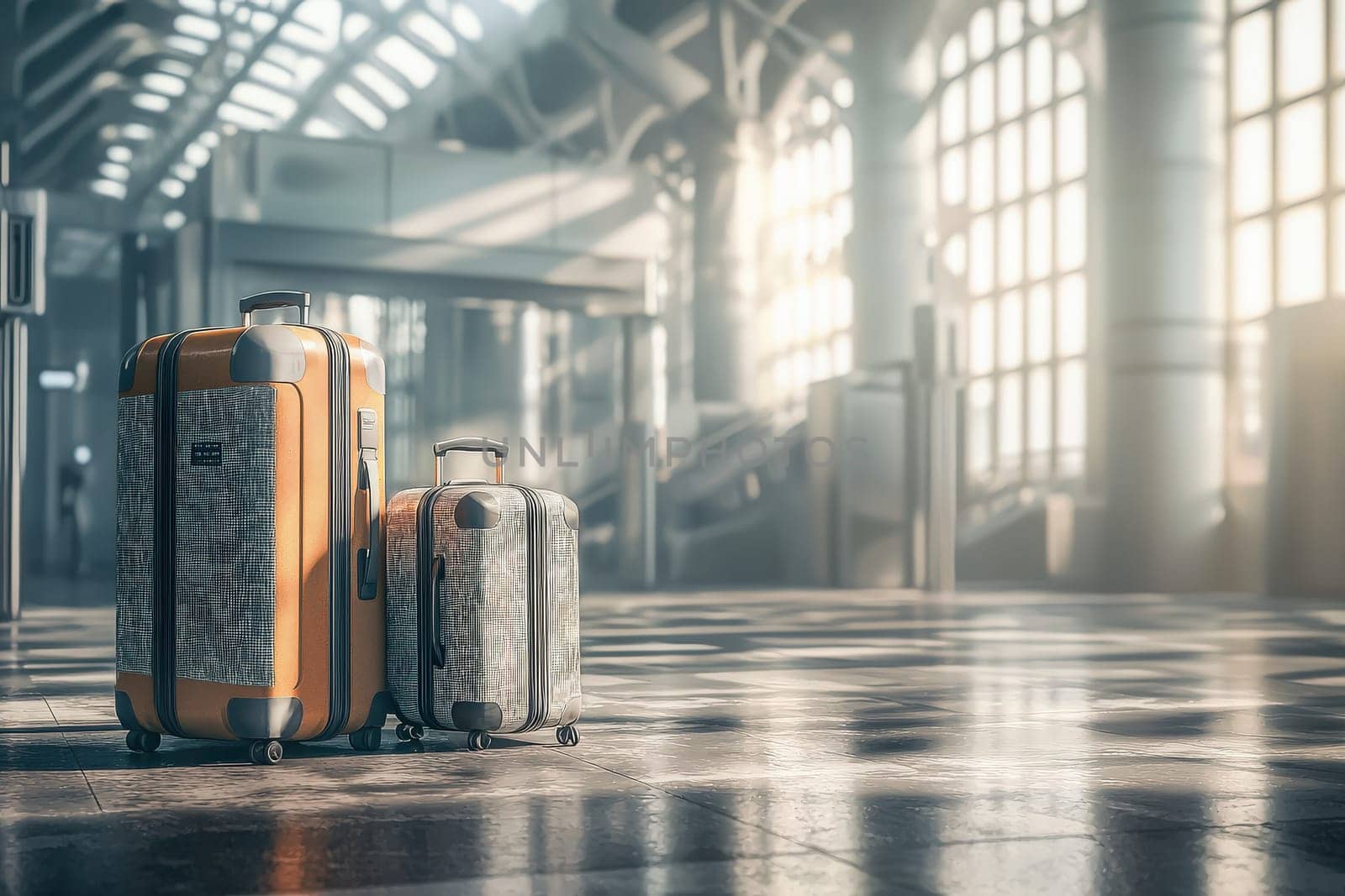 Two pieces of luggage stand on a polished floor in an airport, illuminated by soft sunlight filtering through large windows, creating a serene travel atmosphere.