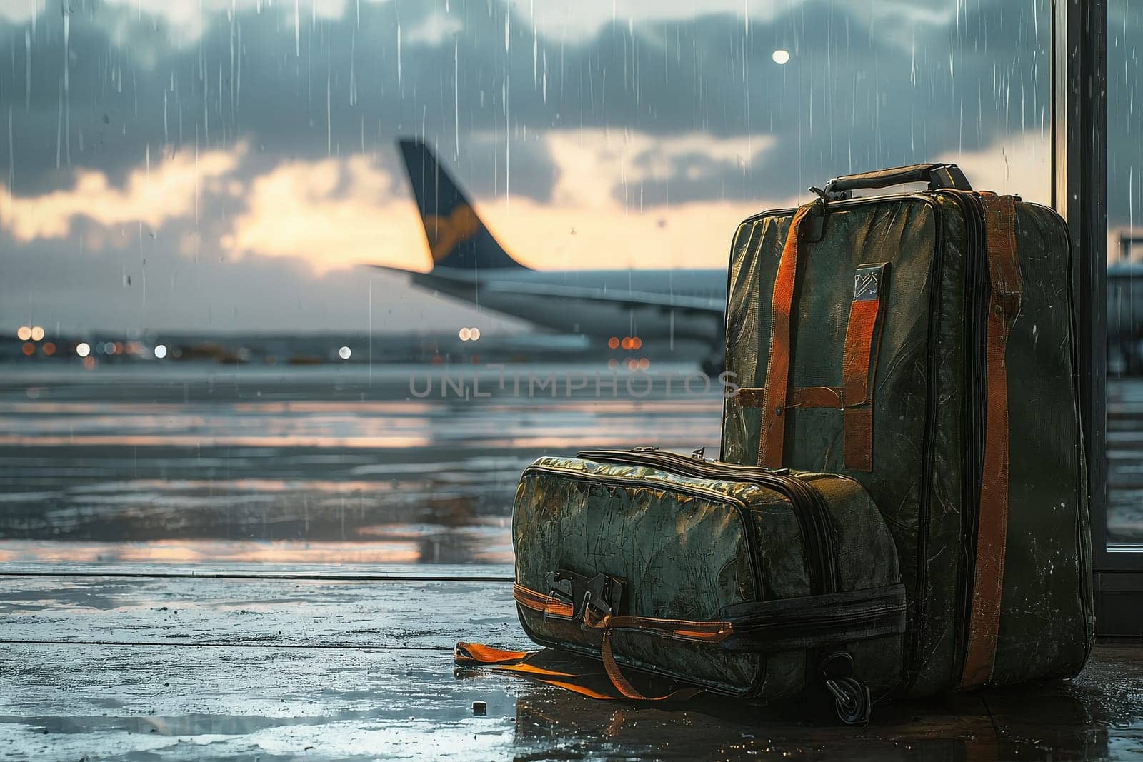 Two travel bags sit near a window at an airport as rain falls outside. An airplane is visible on the tarmac, creating a moody atmosphere that captures the essence of travel.