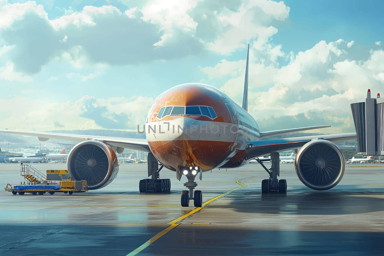 A commercial airliner stands on the airport runway, ready for departure. The plane is illuminated by sunlight, with a bright sky and clouds in the background.