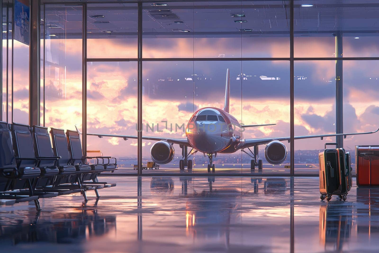 A commercial airplane is positioned at the airport gate against a colorful sunset. Passengers sit in chairs nearby, with luggage scattered around, suggesting travel and waiting.