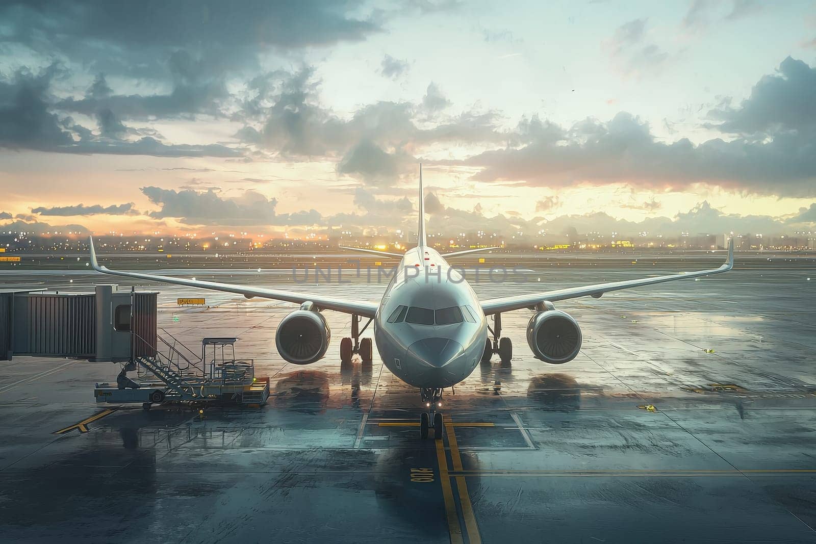 An airplane is positioned on the runway as the sun sets, casting a warm glow across the cloudy sky. City lights twinkle in the background, adding vibrancy to the scene.