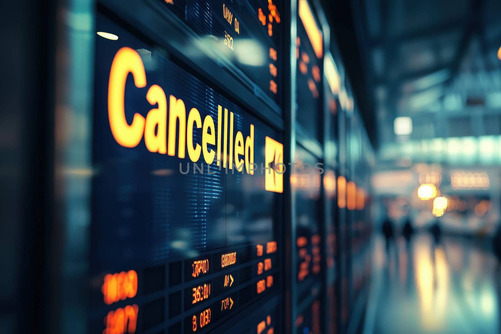 Brightly lit departure board displays multiple cancelled flights at an airport terminal. Passengers look on with concern as travel plans are disrupted. The atmosphere reflects tension and uncertainty.