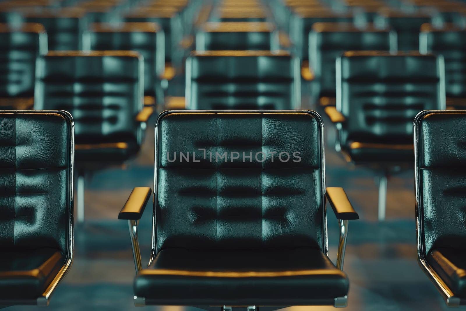 Rows of sleek black chairs are arranged in a spacious conference room designed for events.
