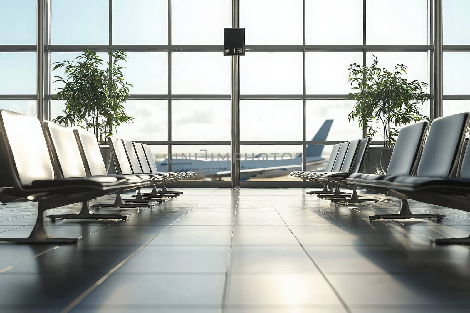 Spacious airport waiting area features sleek seating and plants. Large windows allow natural light and provide a view of planes outside, creating a welcoming atmosphere for travelers.