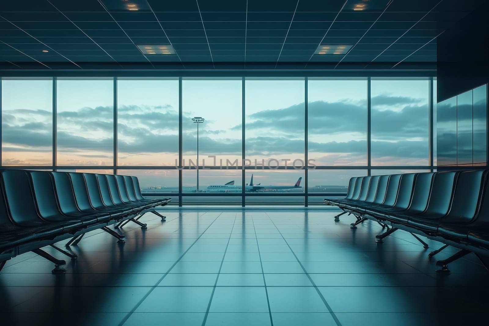 Passengers wait in a modern airport terminal with empty rows of seats, while a tranquil sky fades into dusk outside. The silhouette of planes can be seen through large windows.