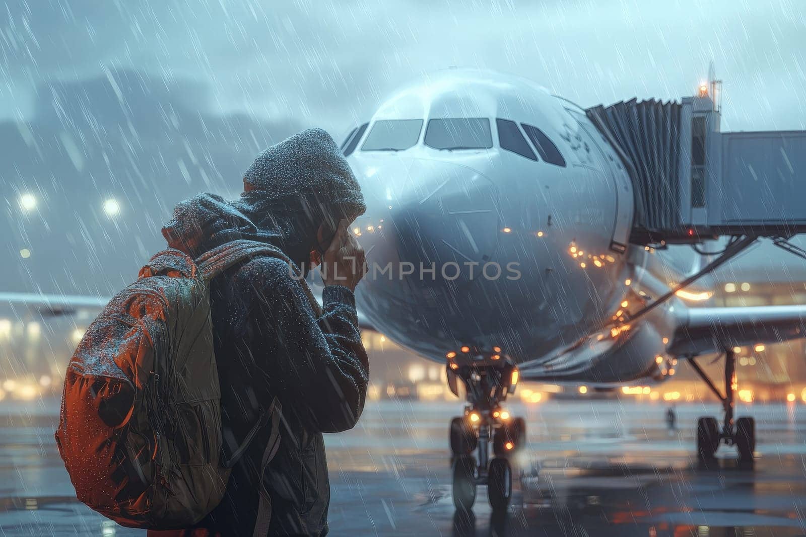 A traveler stands at an airport in the rain, looking contemplative as an airplane awaits boarding. The scene evokes a sense of anticipation under dim, wet conditions.