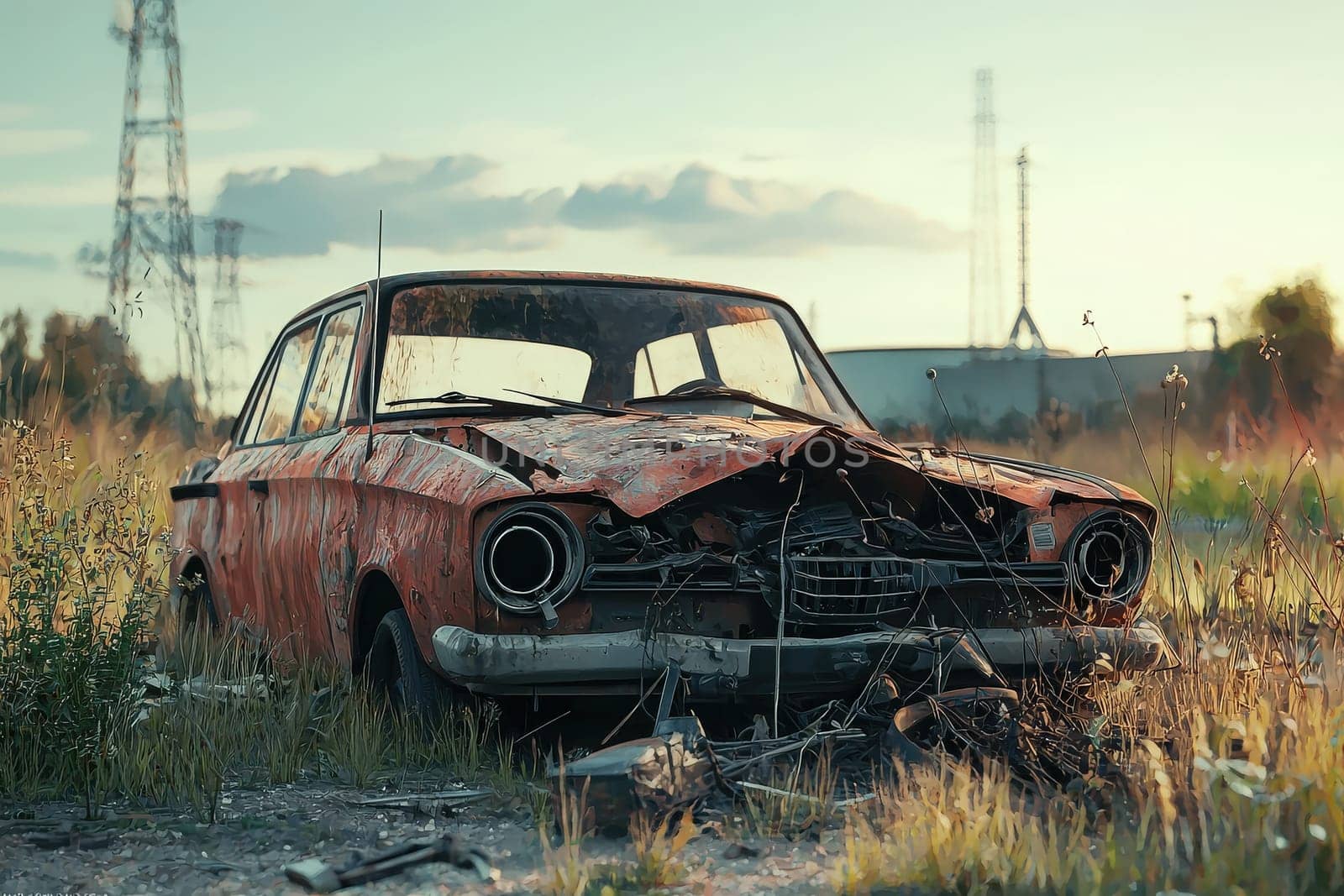 An old, rusted car sits neglected in a field, surrounded by tall grass and wildflowers. The warm glow of sunset casts a golden hue over the vehicle and surrounding landscape.
