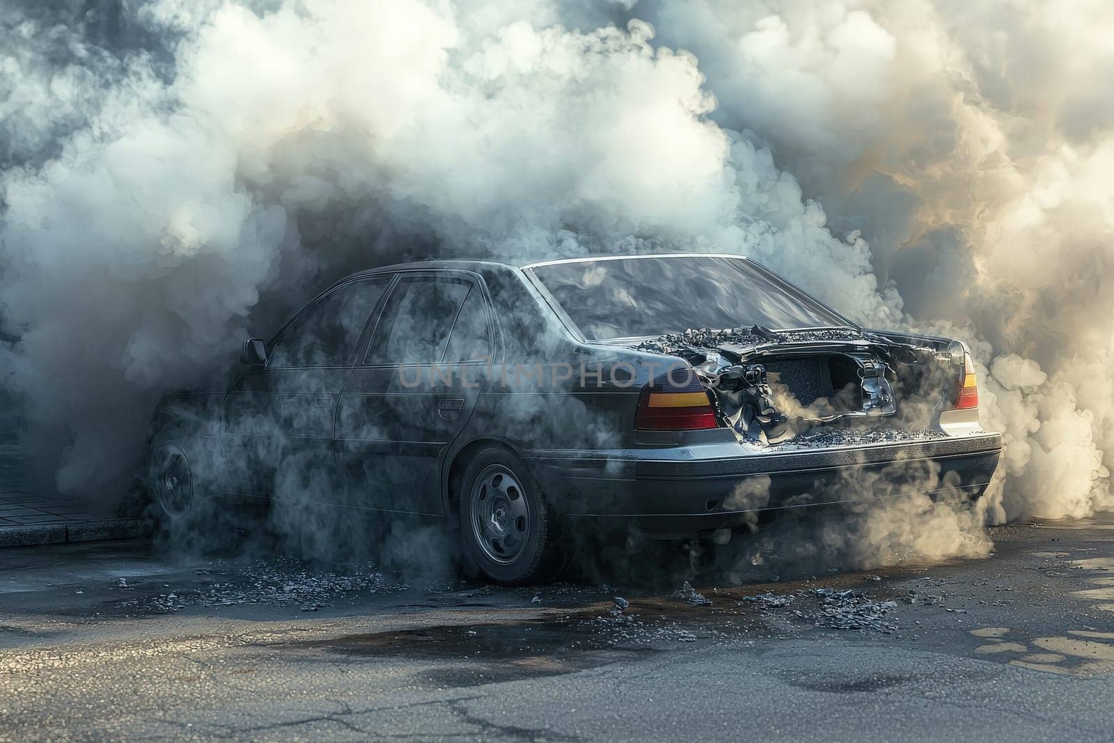 A car is engulfed in thick smoke on the street, suggesting a fire. The surrounding area is visibly affected by dark, billowing clouds.