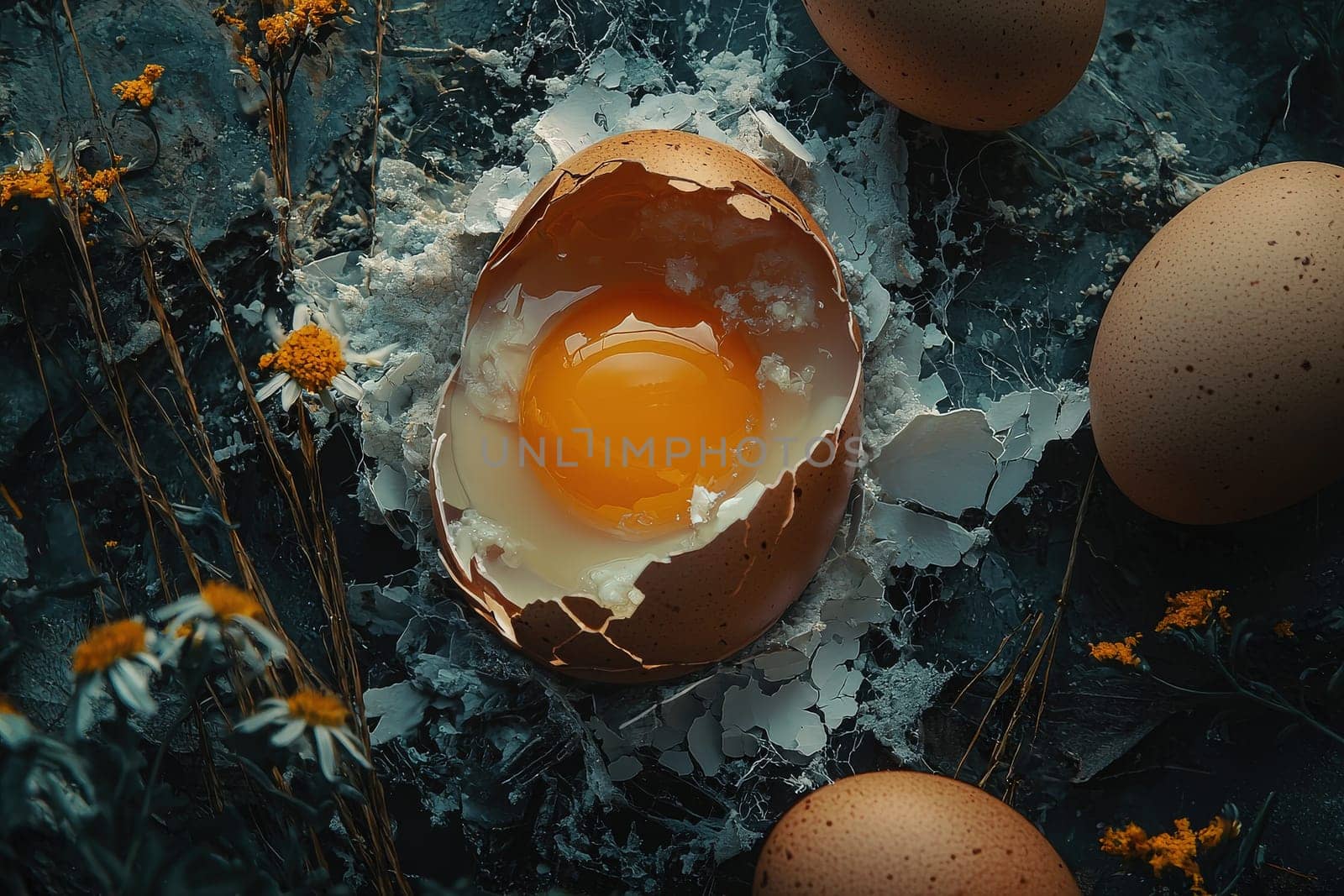 A broken eggshell lies on a dark surface, showcasing a vibrant yellow yolk inside. Surrounding it are unbroken eggs and delicate flowers, creating a rustic and natural ambiance.