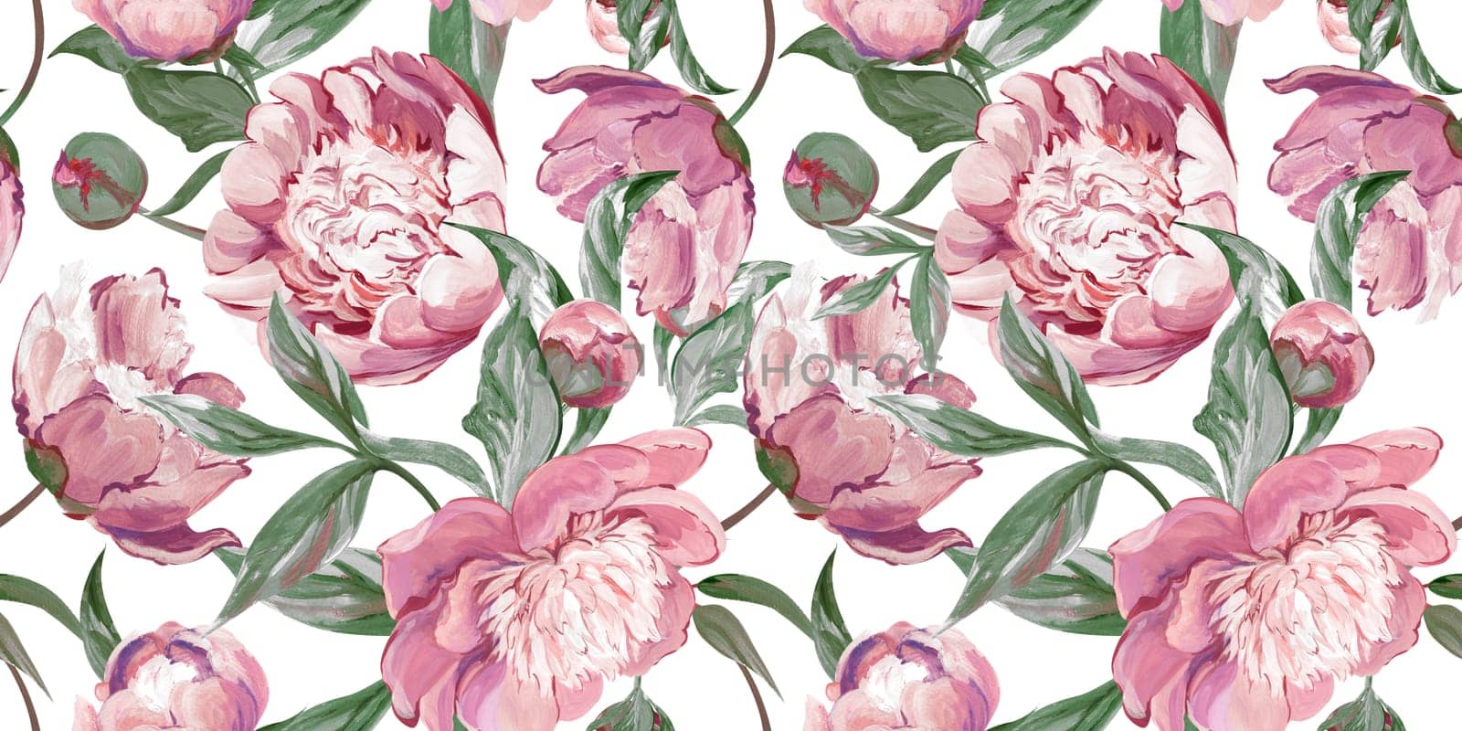 Botanical seamless pattern with peonies and sakura branches drawn in gouache for textile and design