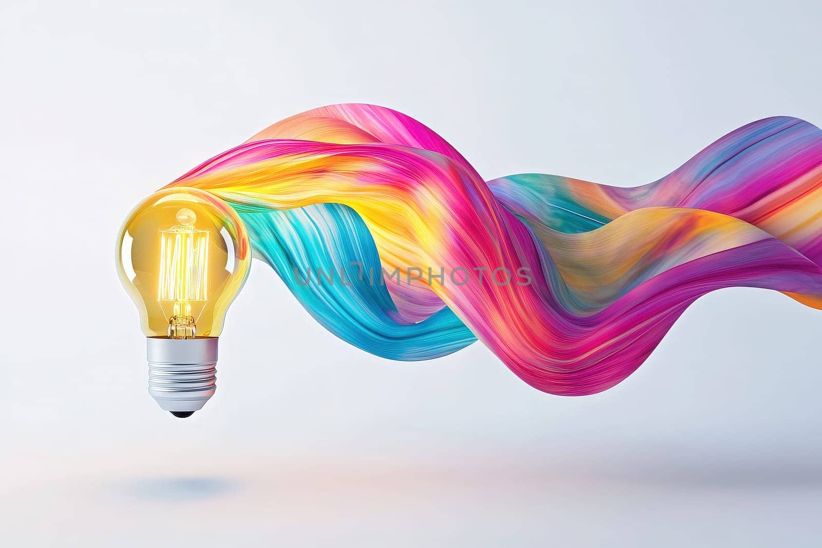 A light bulb emits a warm glow while surrounded by swirling waves of vivid colors, merging creativity and innovation in a visually striking composition.