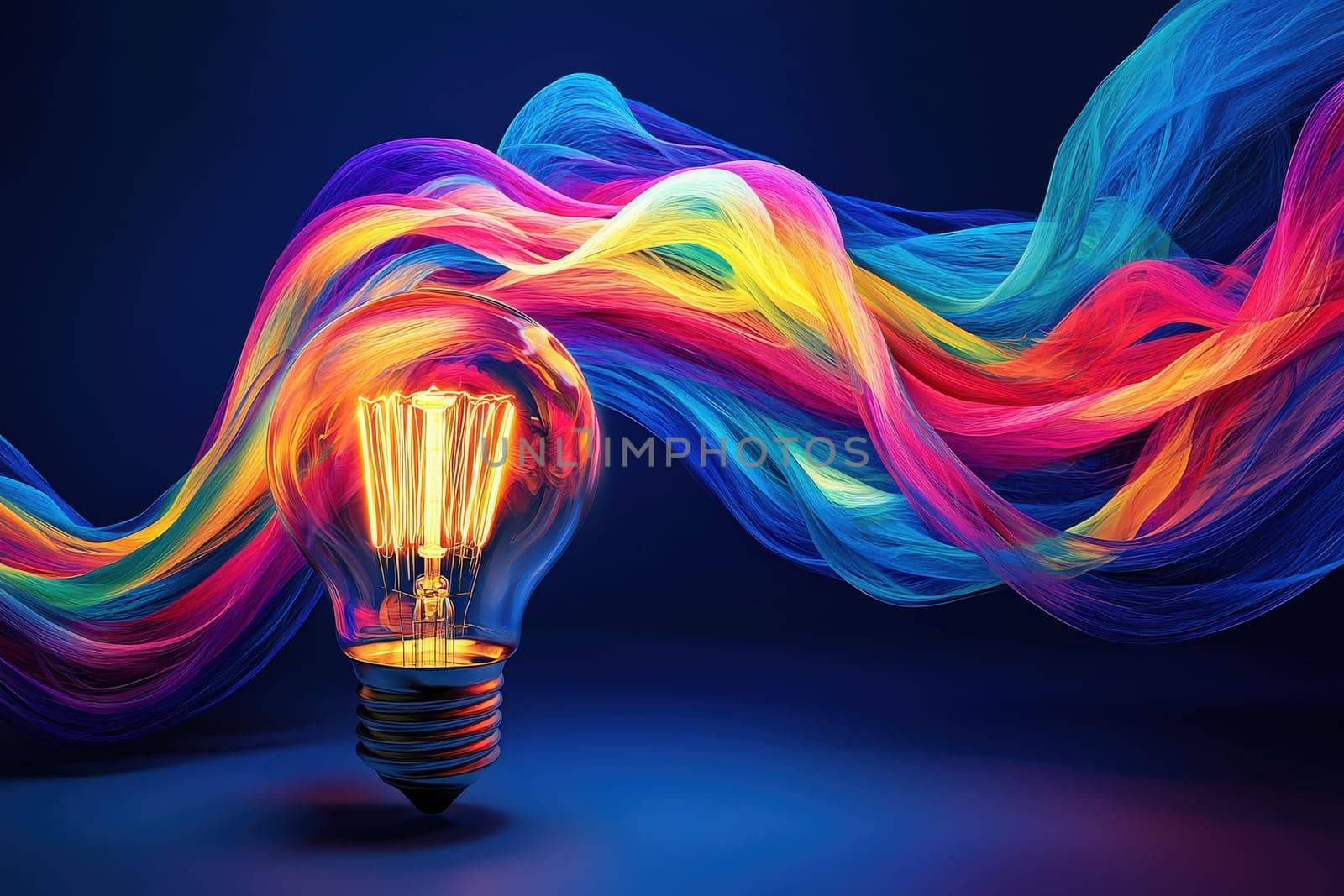 An illuminated light bulb stands out against a dark background, surrounded by vivid flowing colors that twist and turn like waves, creating a dynamic and energetic visual effect.