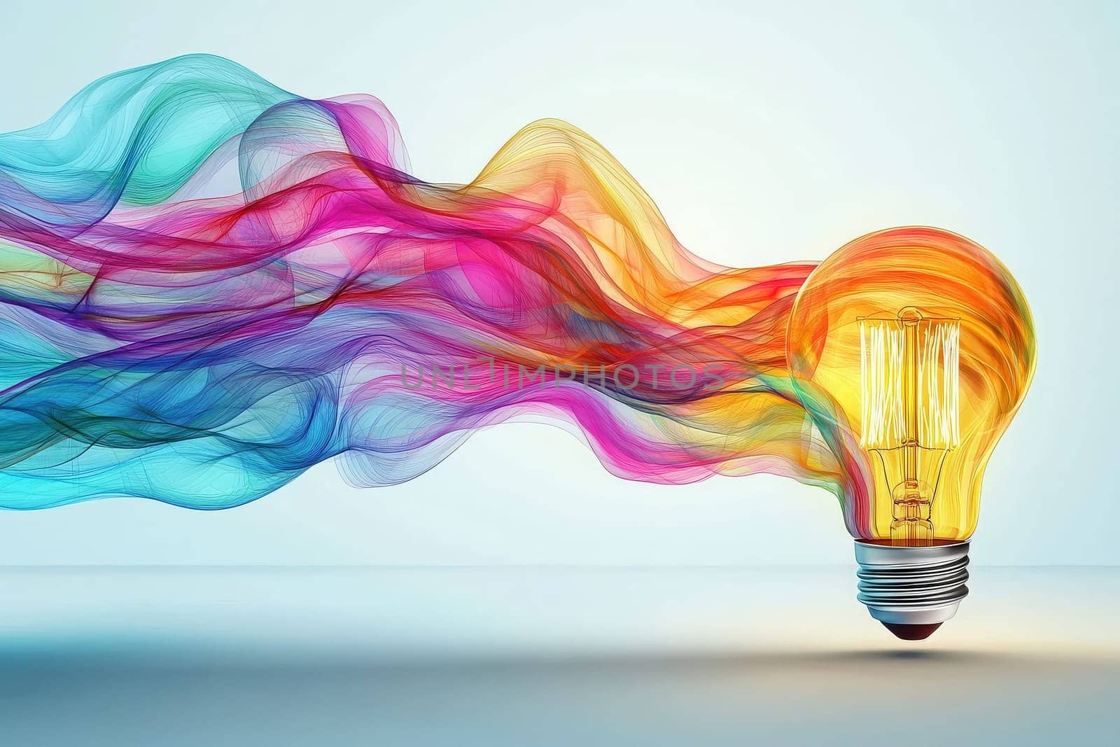 A brilliantly lit bulb emits colorful wisps of smoke in various hues. The dynamic flow of colors showcases creativity and innovation, evoking a sense of inspiration and energy.