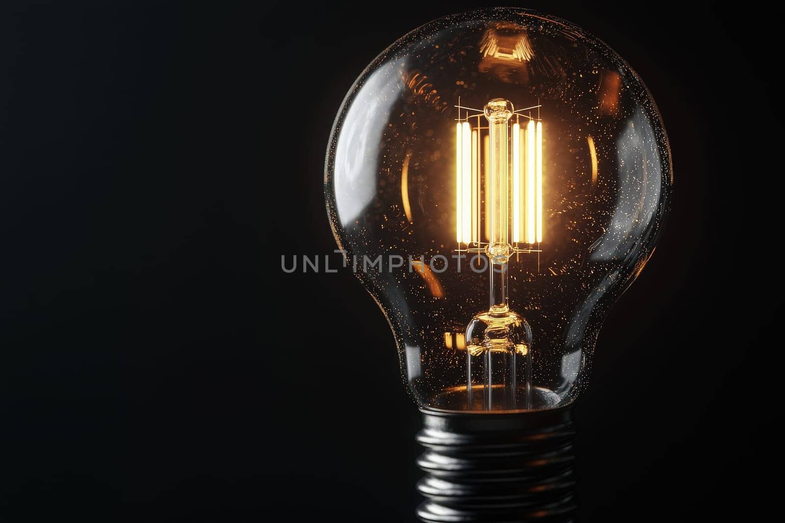A vintage light bulb illuminates with a warm glow against a black backdrop, highlighting its filament and glass design, creating an elegant and nostalgic atmosphere in a relaxed setting.