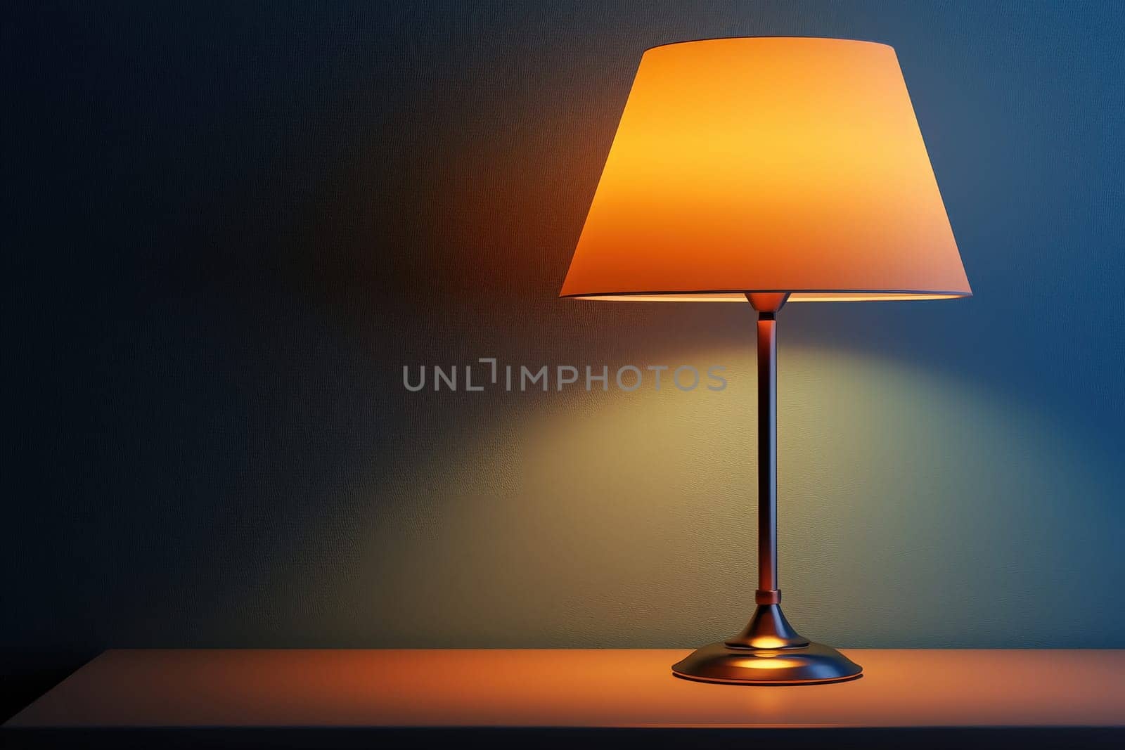 A sleek lamp with an orange shade casts a warm glow on a clean, minimalistic table against a soft blue wall, creating a cozy ambiance in a dimly lit room.
