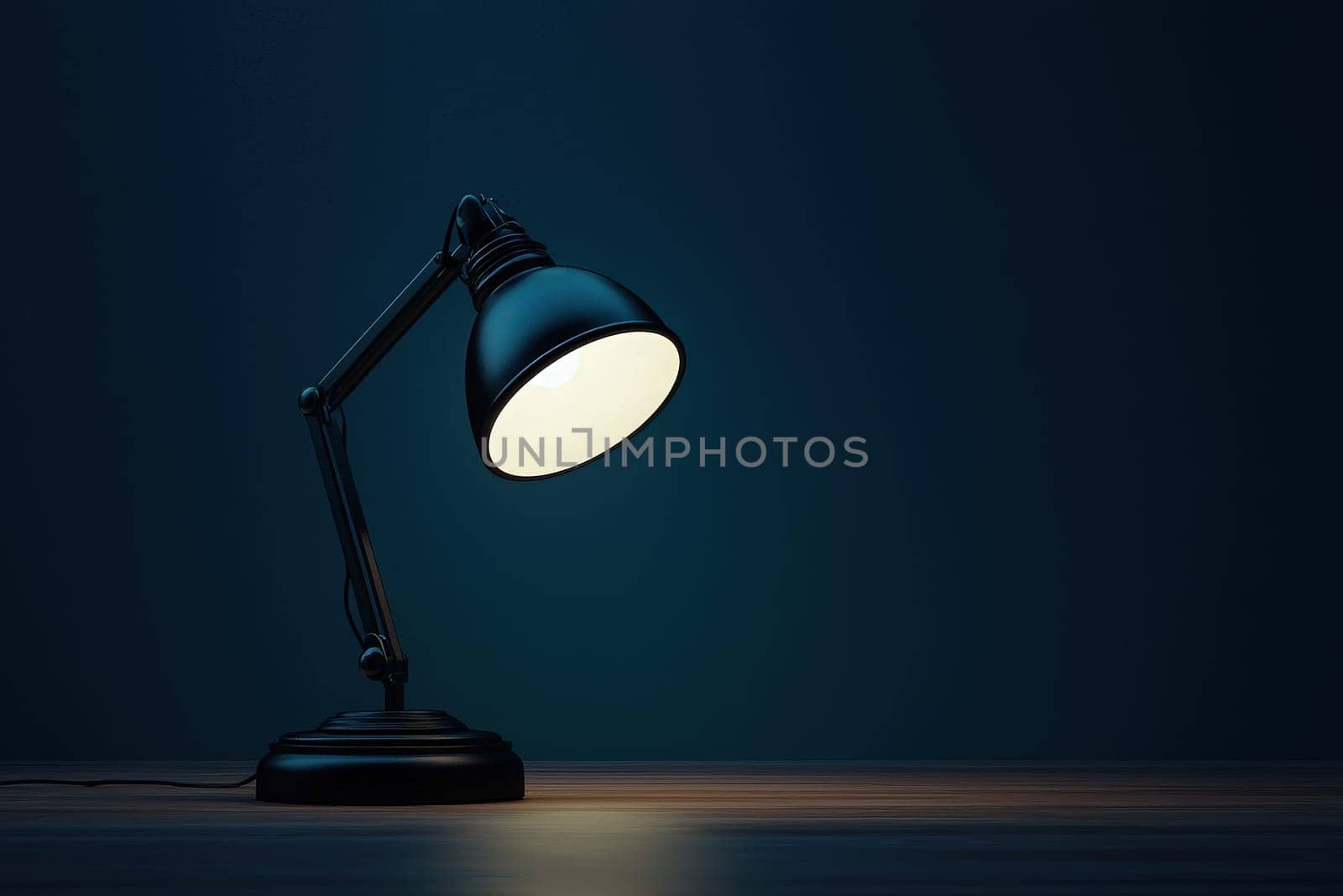 A sleek black desk lamp stands on a wooden surface, casting a warm glow in a dark room. The contrasting light enhances the tranquil ambiance, highlighting the lamps design.