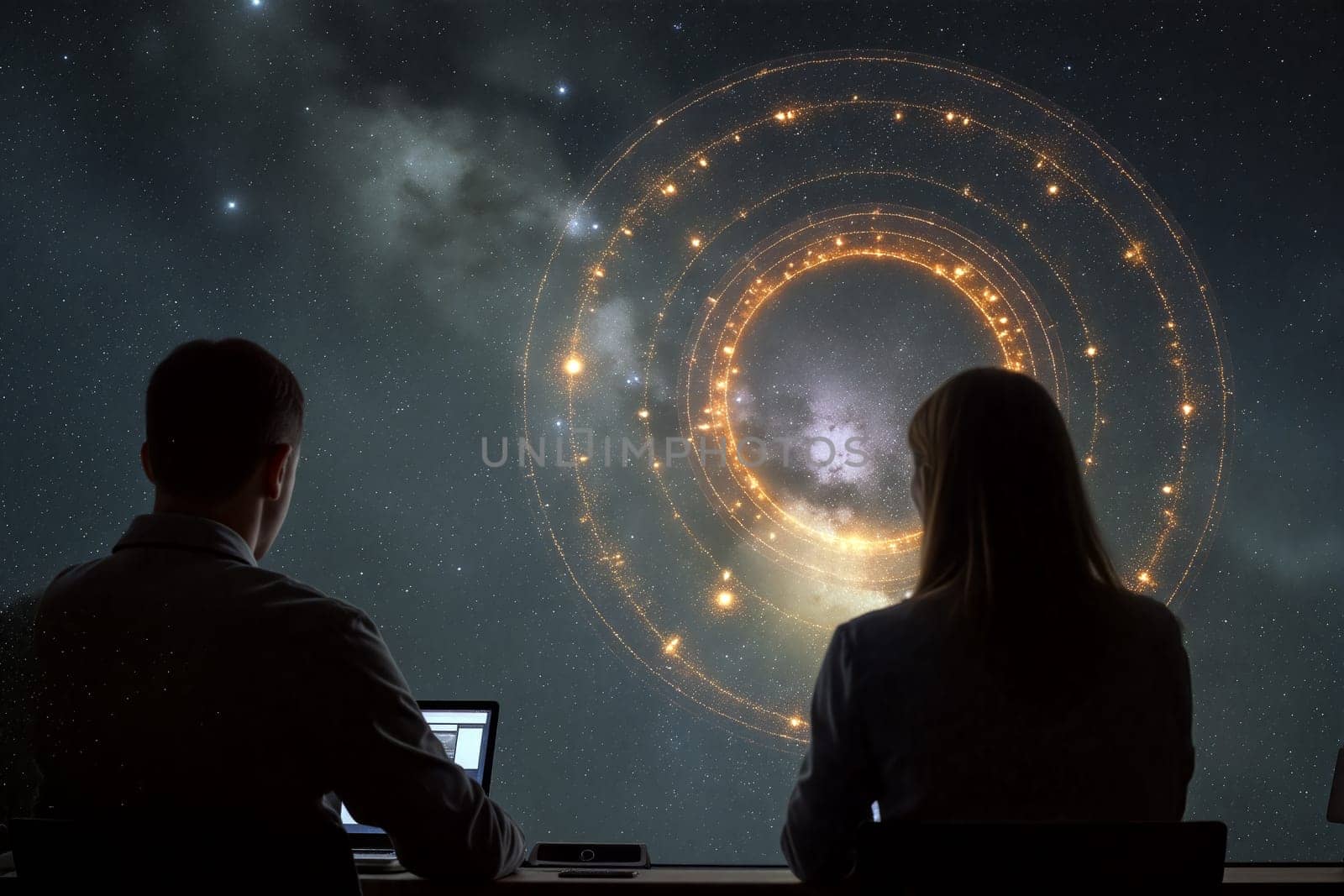 Two individuals observe a stunning display of cosmic rings in the night starry sky, immersed in the beauty of the universe while engaged in contemplation. Generative AI.