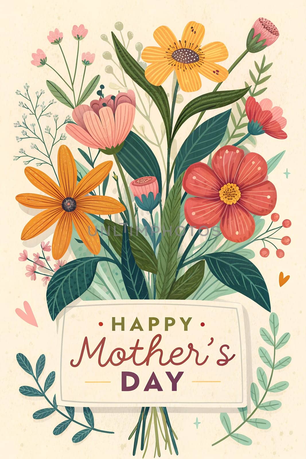 A vibrant bouquet featuring a variety of flowers and leaves, adorned with a heartfelt message for Mother's Day, celebrating love and appreciation. Generative AI.
