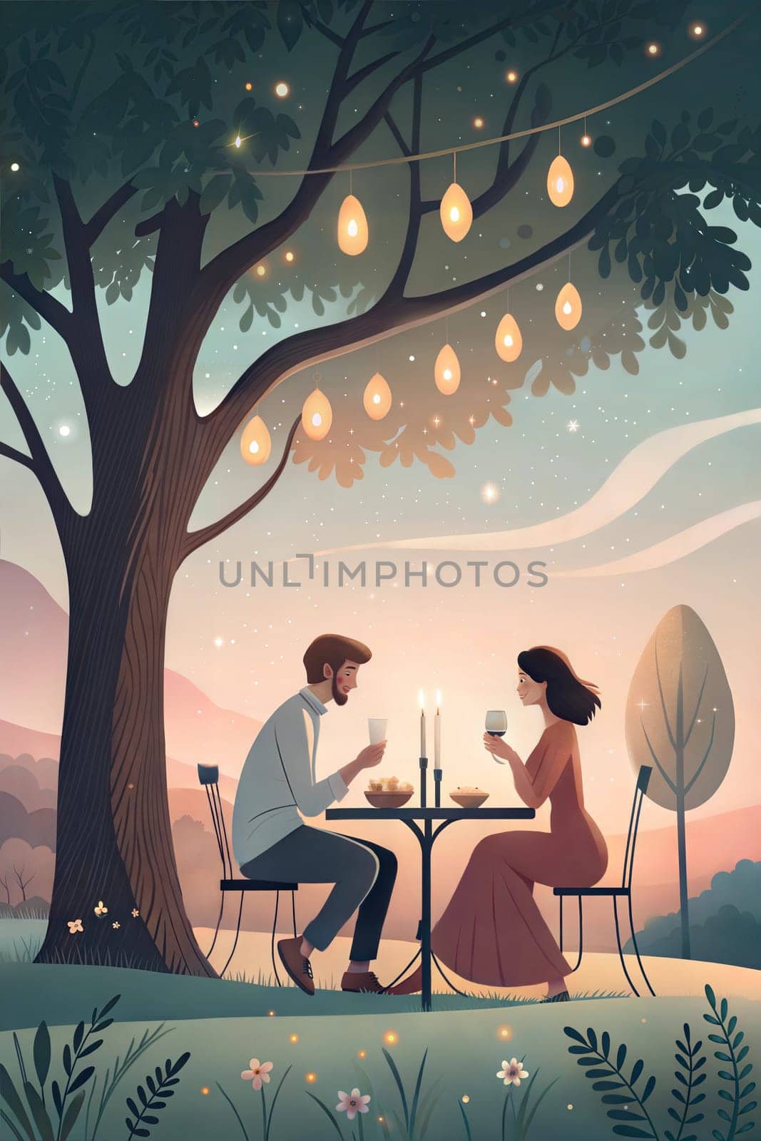 A couple shares an intimate dinner outdoors, surrounded by softly glowing lights and a tranquil evening backdrop. Generative AI.