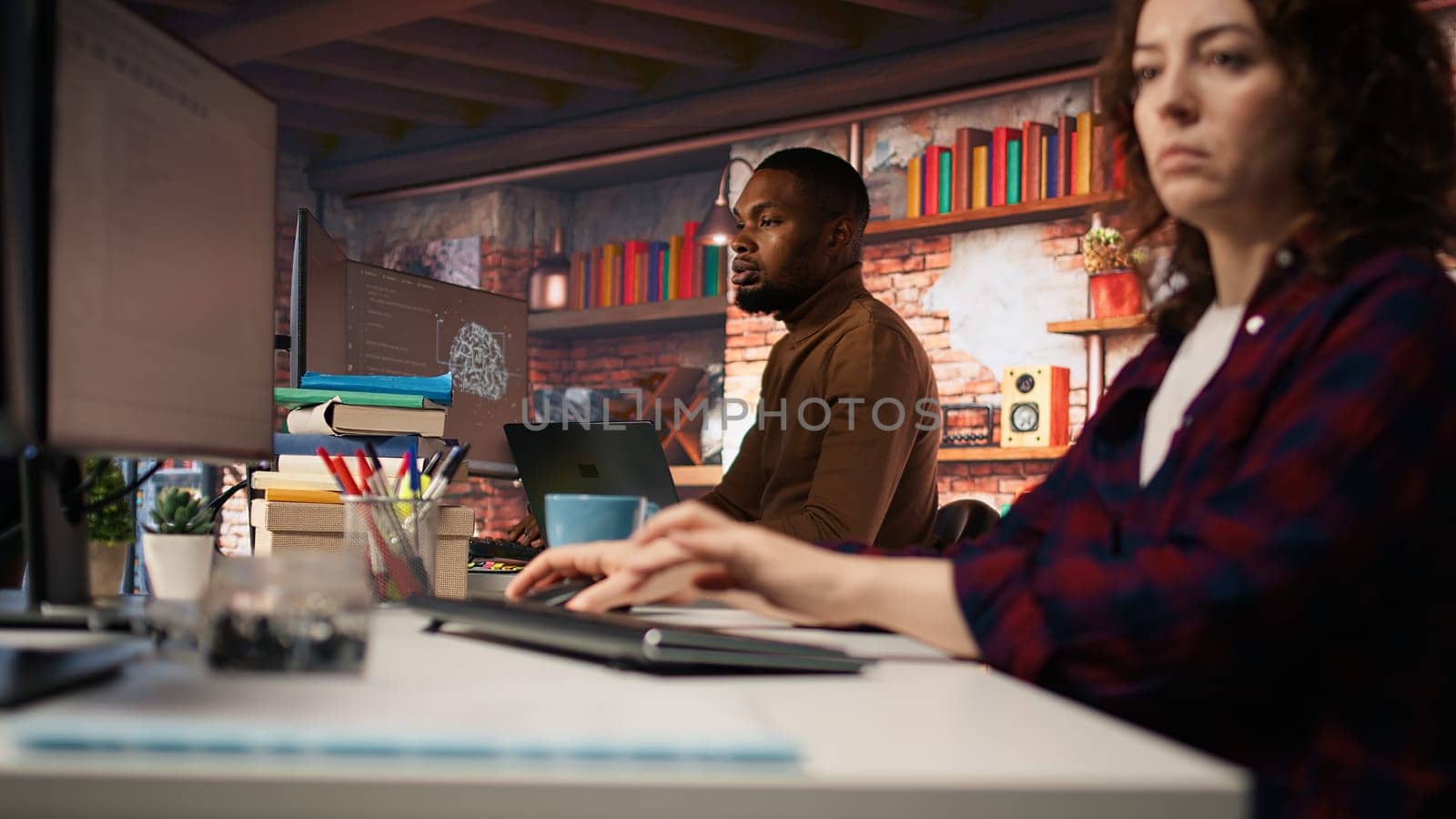 AI startup IT expert arriving in office with laptop, preparing to look for company security vulnerabilities. Software development agency admin coming at work with notebook to do coding, camera A