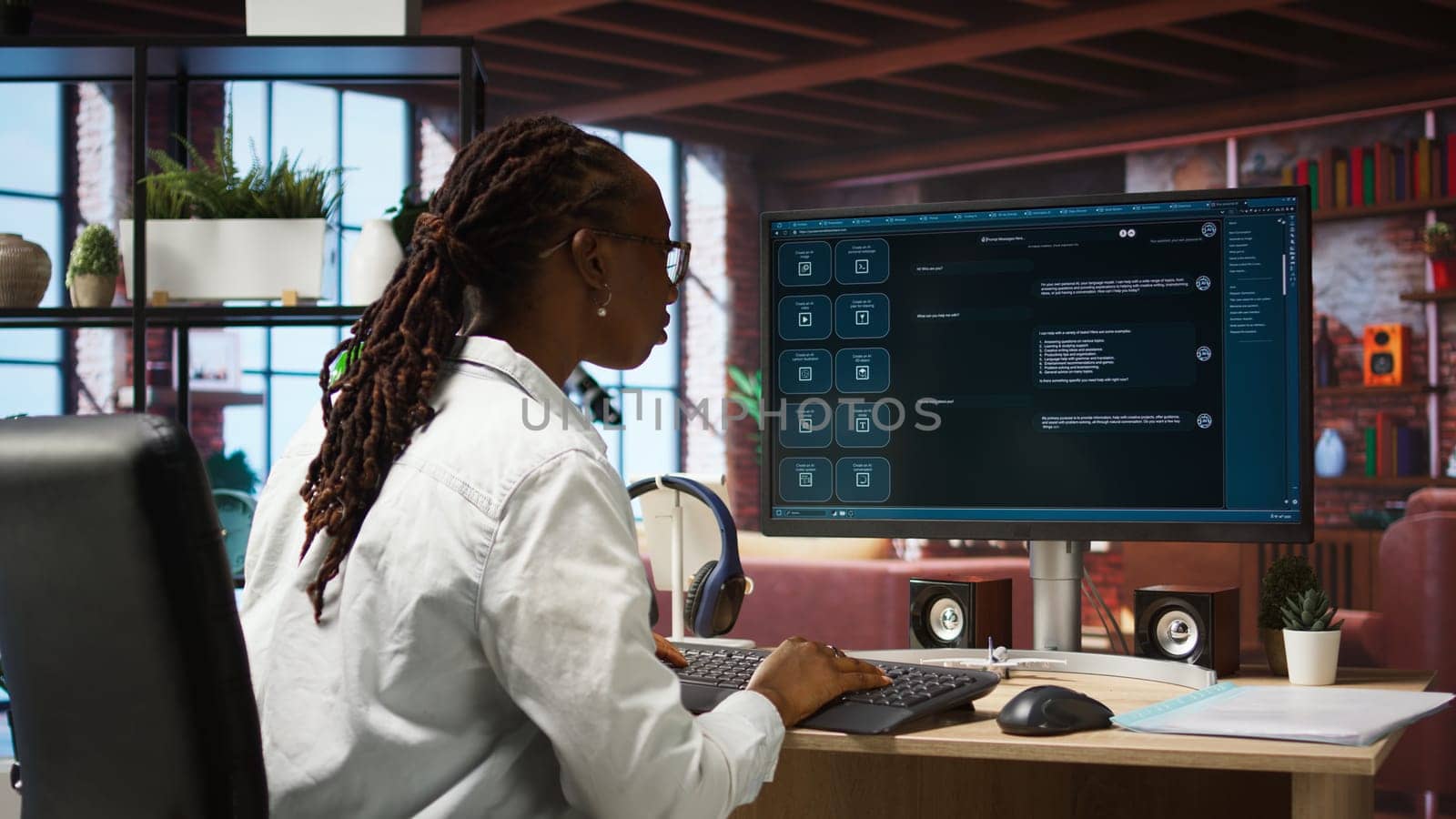 Woman solving personal tasks with AI LLM chatbot answering prompts using predictive technology. Person using computer in apartment to interact with large language model program, camera A