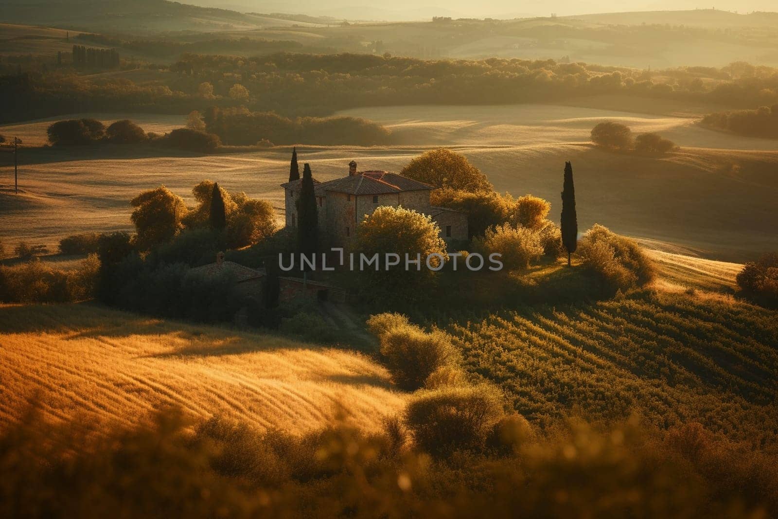 Tuscany landscape in the sunset, created with generative AI
