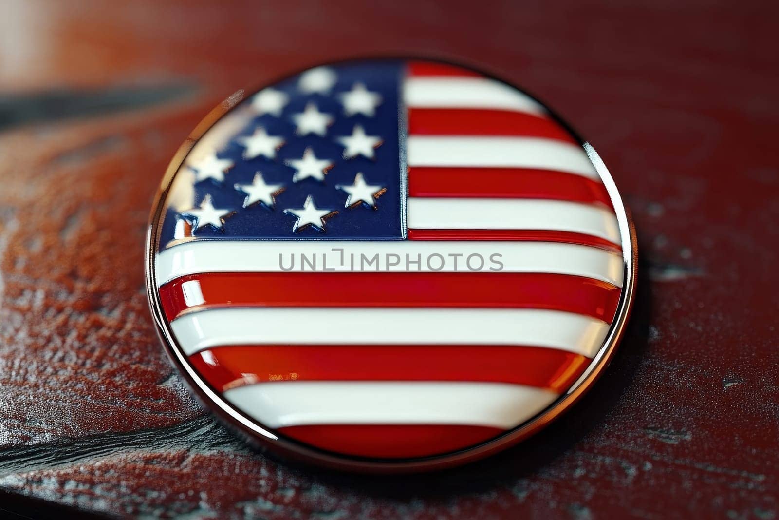 An enamel pin featuring the iconic American flag lies on a warm wooden surface, illuminated by soft natural light, highlighting its colors.