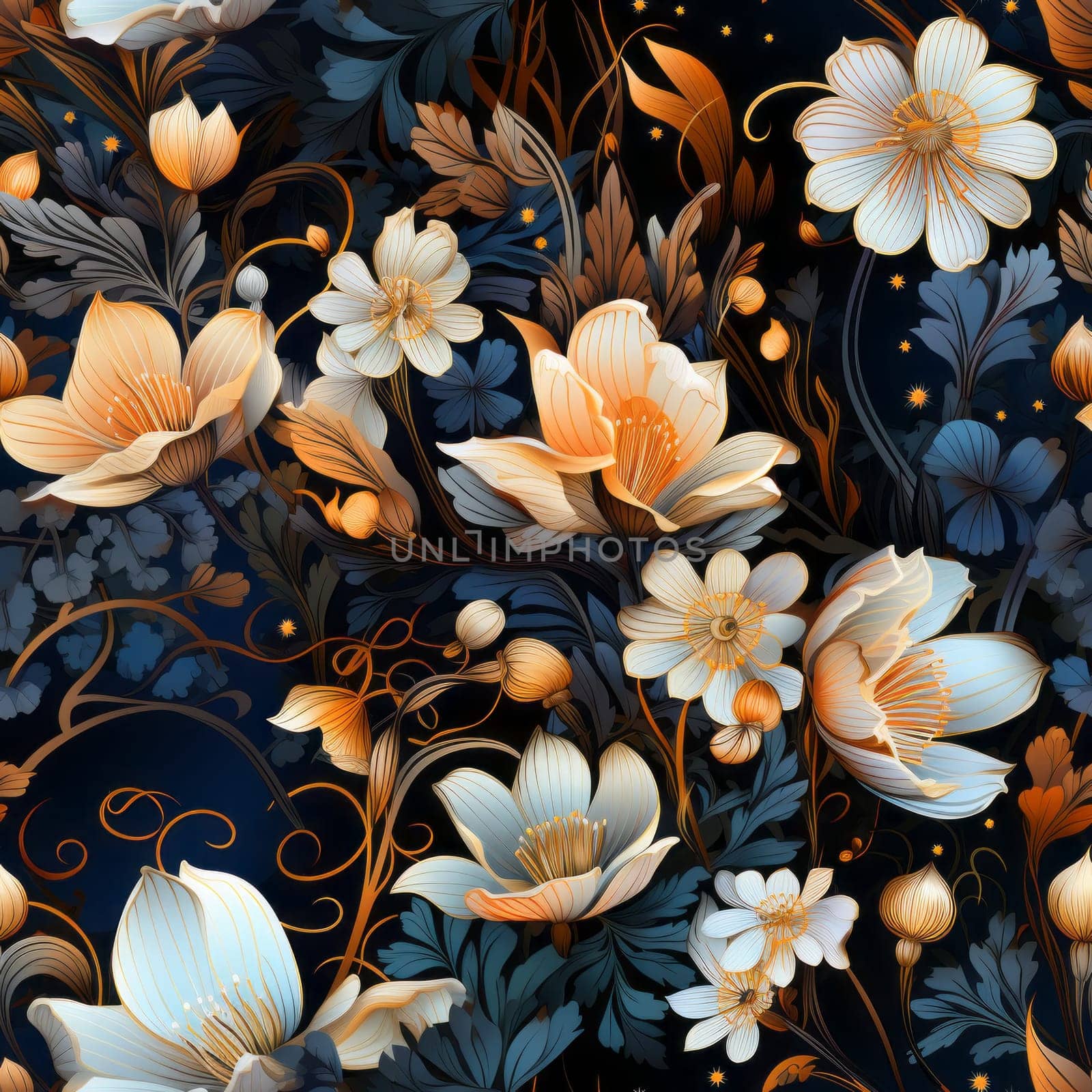 Twilight garden seamless pattern tile, created with generative AI