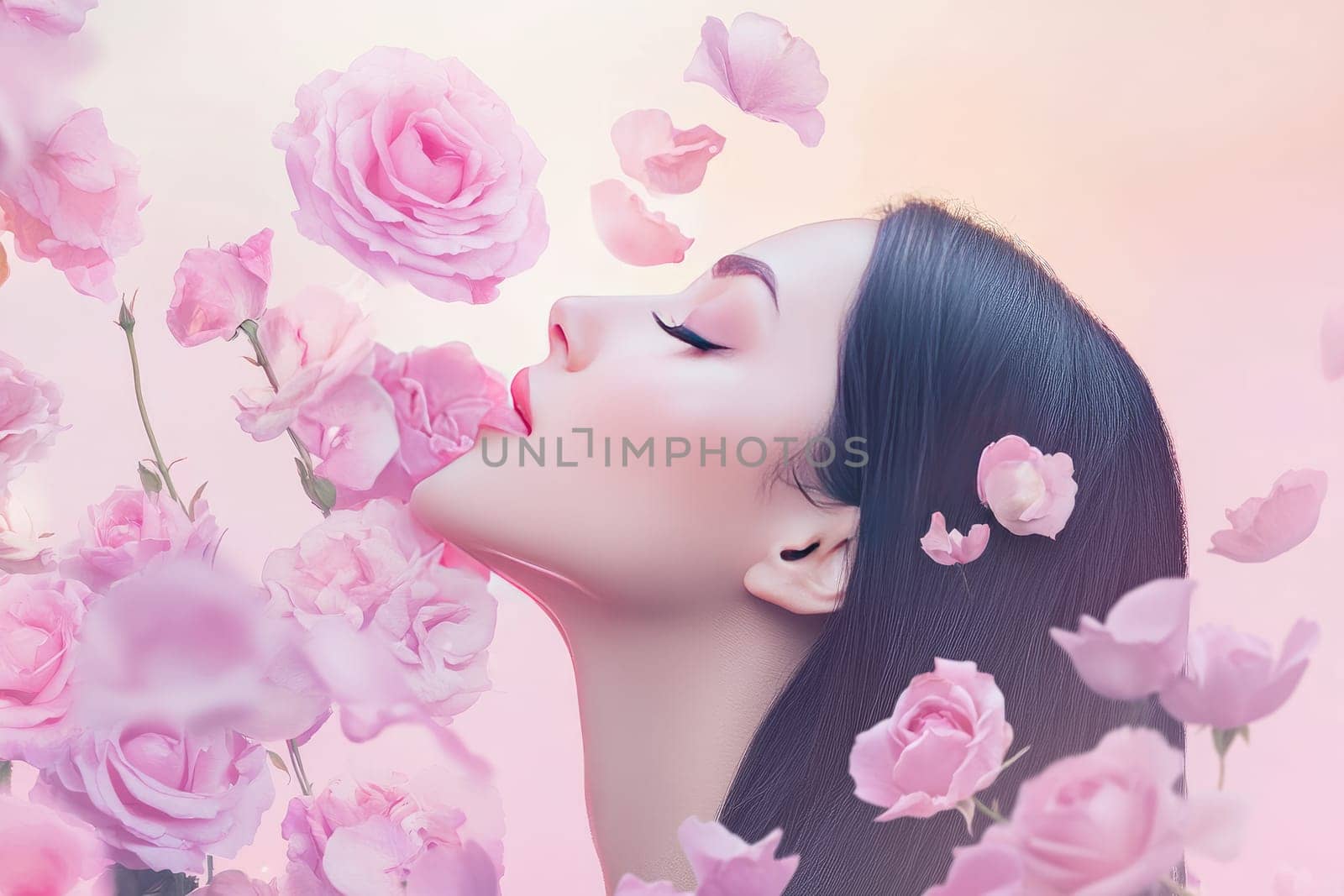 A woman with dark hair gently kisses a cluster of pink roses, surrounded by petals floating around her. The background features soft pastel colors, creating a serene ambiance.