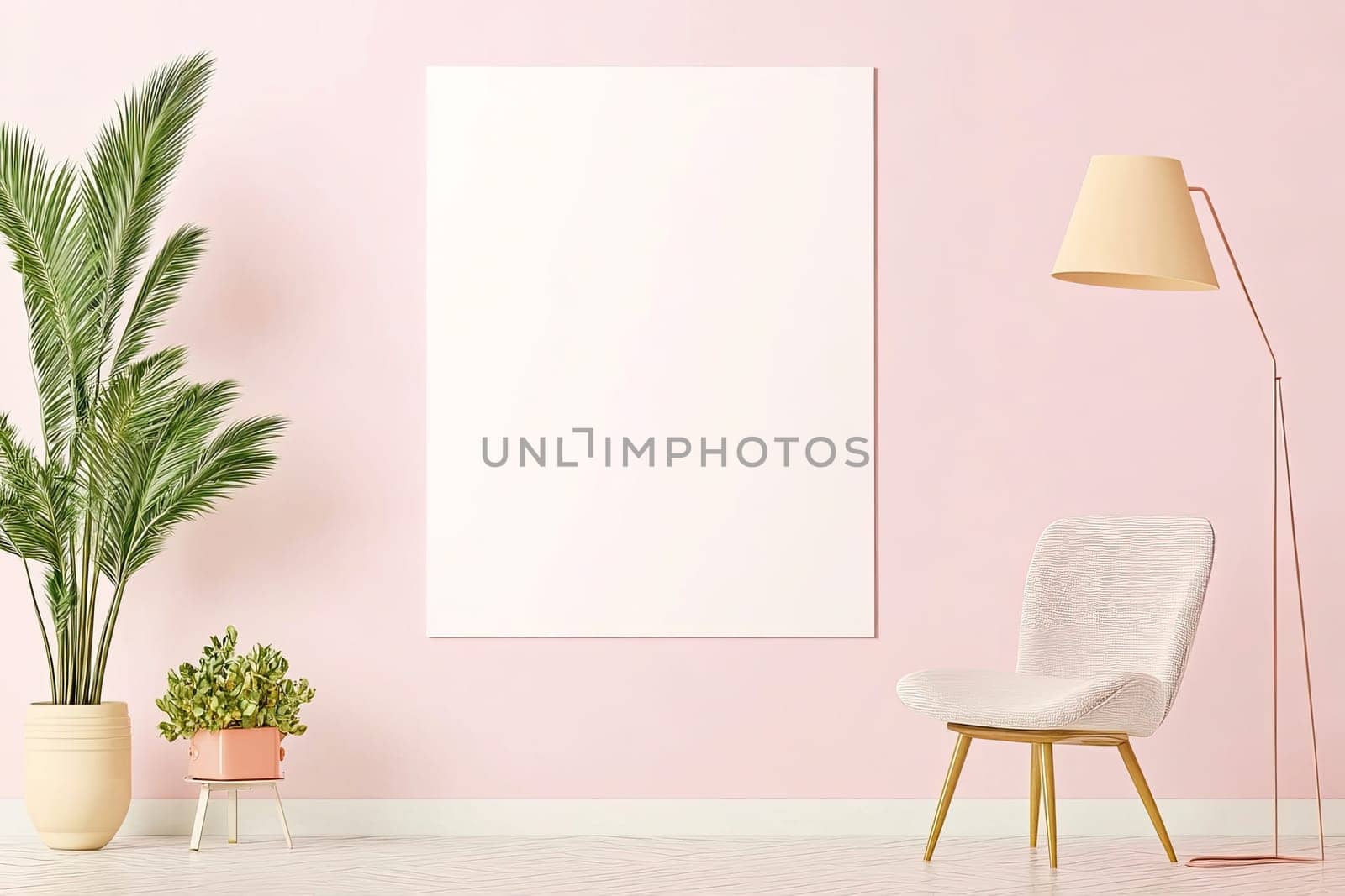 A modern living space showcases a light-colored chair beside a floor lamp. A large white canvas hangs on a pastel pink wall, accompanied by potted plants for a fresh touch.