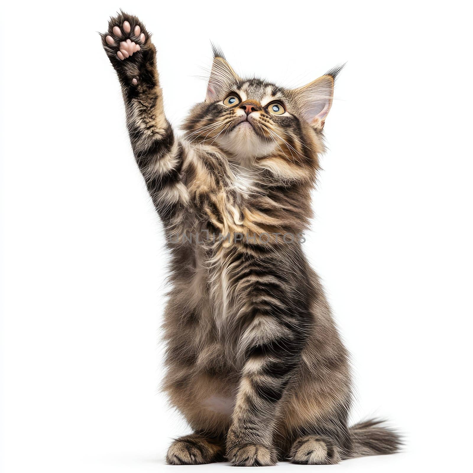 A lively kitten raises its paw in a playful manner, displaying curiosity and energy. The bright background highlights the kitten's fur and playful demeanor.