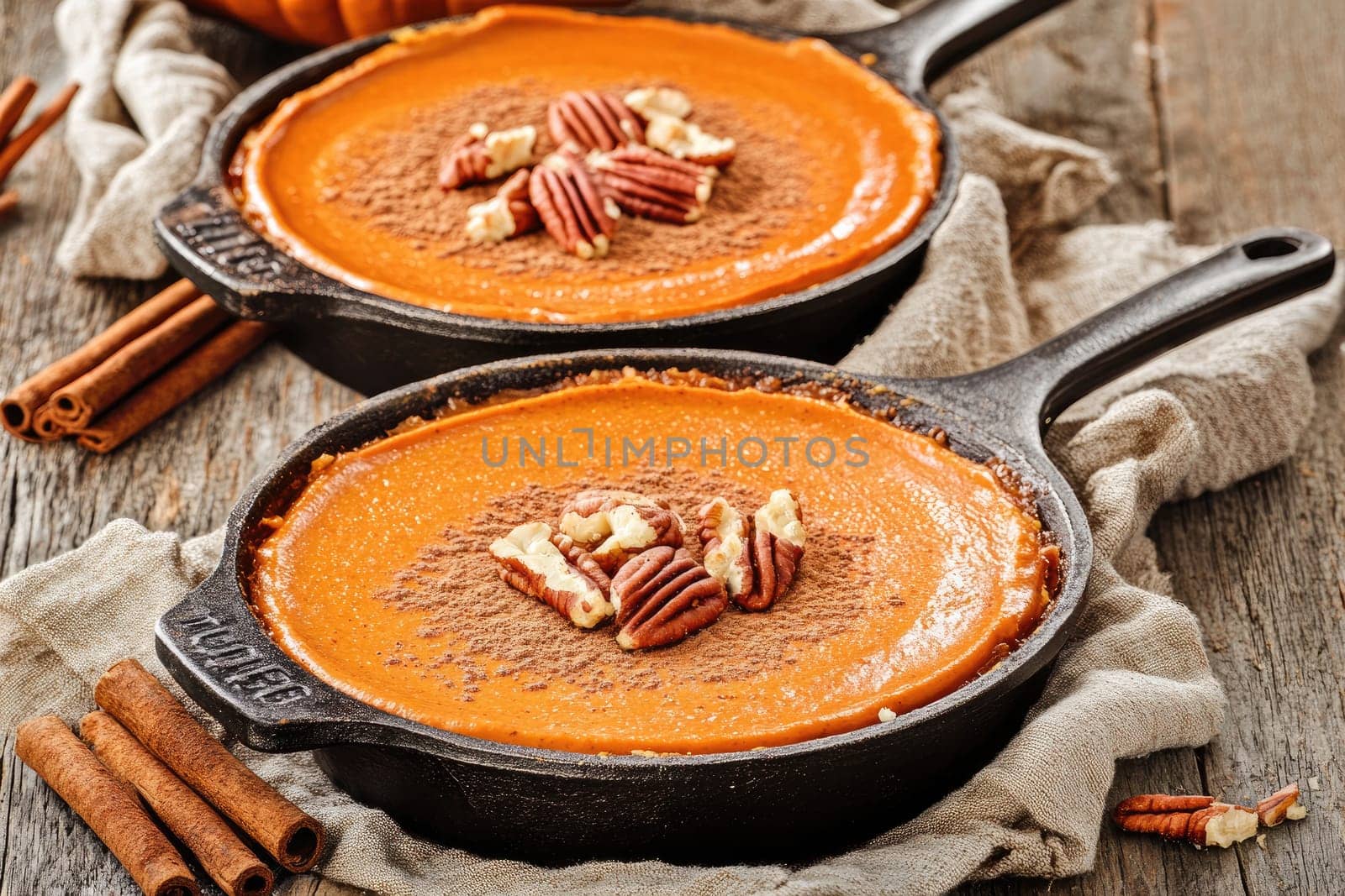 Two cast iron skillets hold freshly baked pumpkin pie topped with pecans, surrounded by cinnamon sticks on a rustic wooden table, creating a cozy autumn atmosphere.